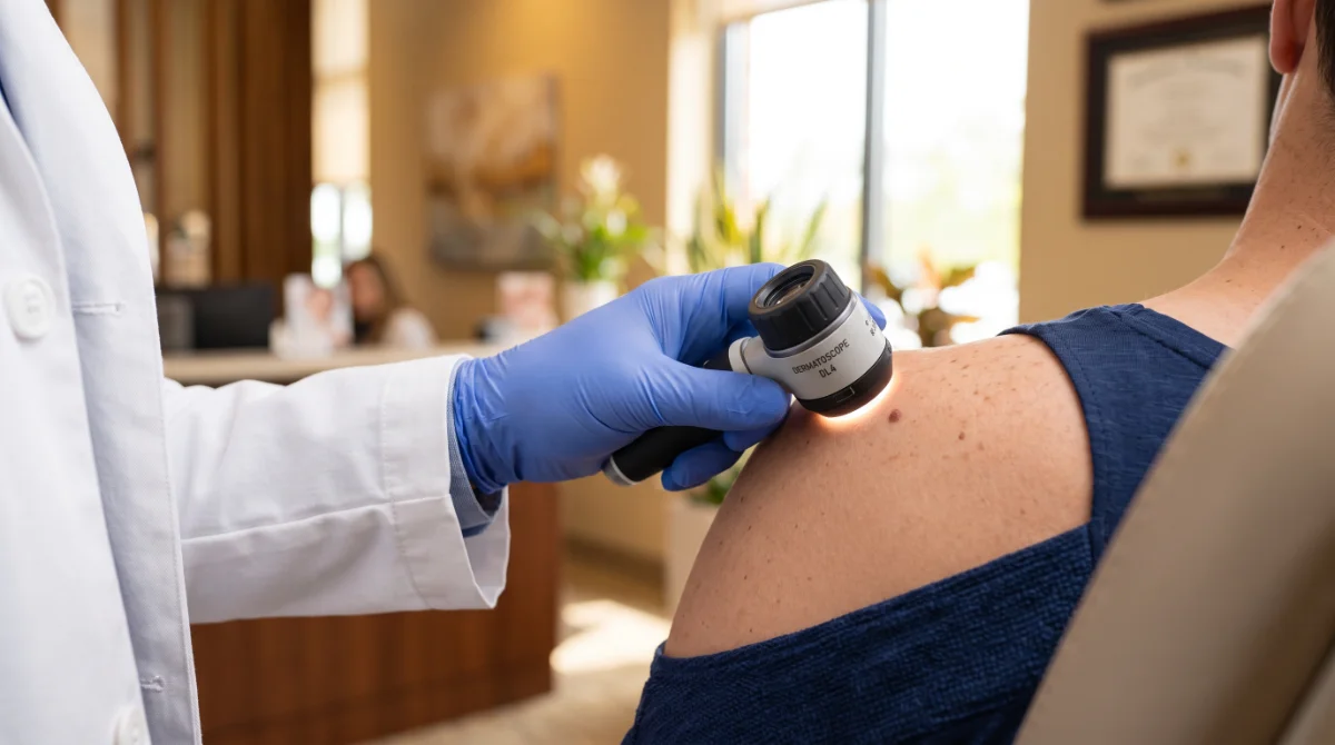 Dermatoskopische Untersuchung einer Hautveränderung, Nahaufnahme ohne erkennbare Gesichter