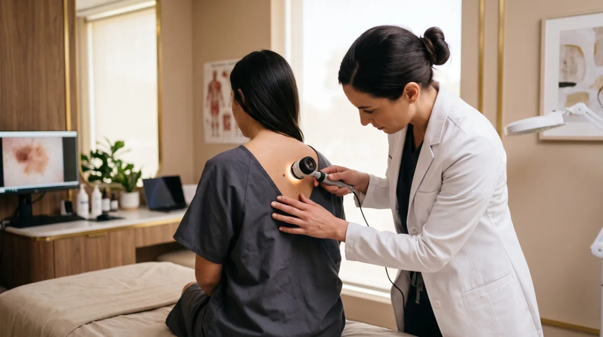 Hautärztin untersucht Patientin mit Dermatoskop